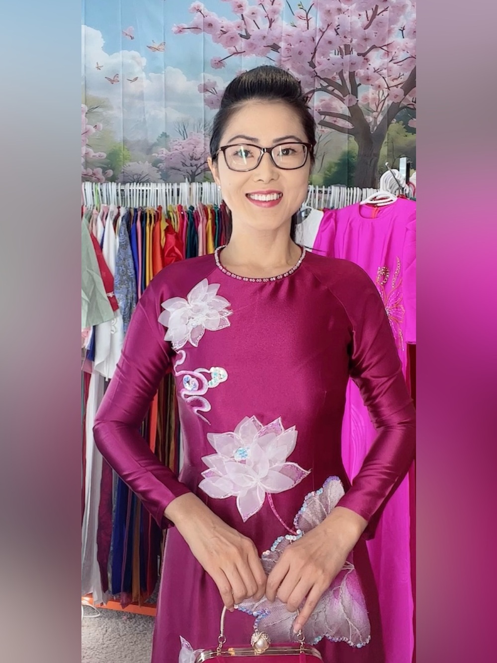 Size m 2 Ao dai Valentino, Vietnamese traditional long dress set magenta purple